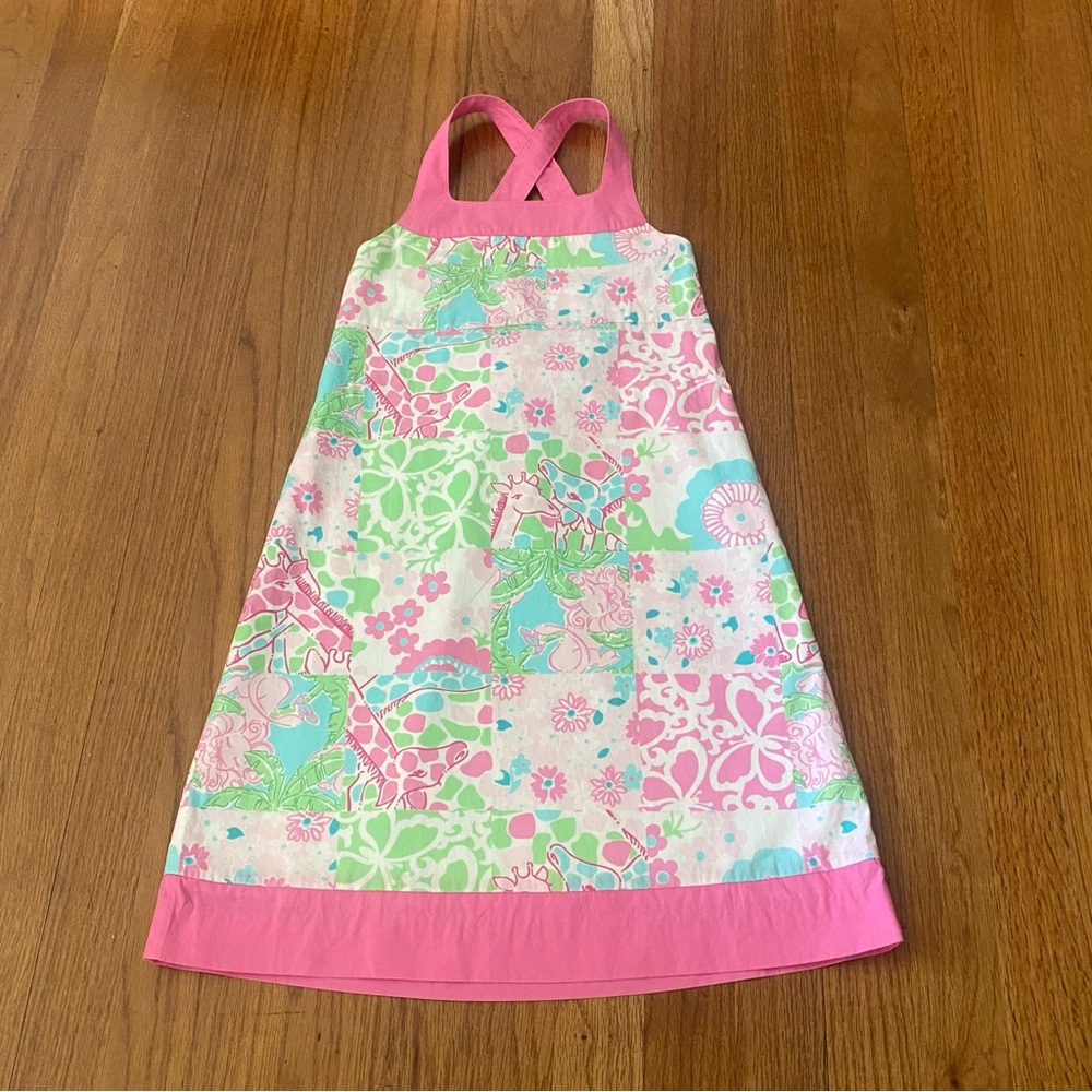 Lilly Pulitzer Multi Bright Patch Giraffe-Lions Dress with Pink Trim